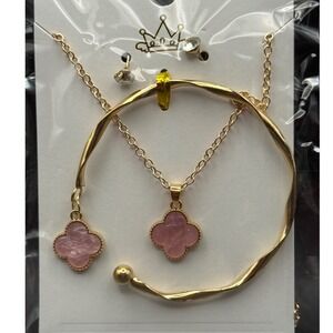Gold Tone Clover Pendant Necklace Bracelet Set Pink Gemstone Stud Earrings